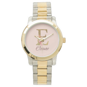 Individuelle Name Letter E Goldene Forelle Rose Ro Armbanduhr