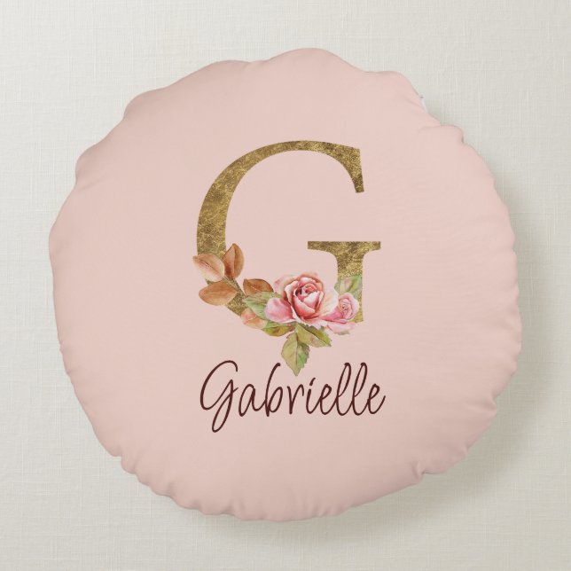 Individuelle Name Letter G Gold Foil Rose Rose Ros Rundes Kissen (Rückseite)
