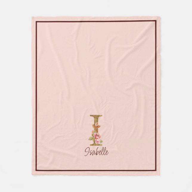 Individuelle Name Letter I Gold Foil Roses Rosa Ro Fleecedecke (Vorderseite)
