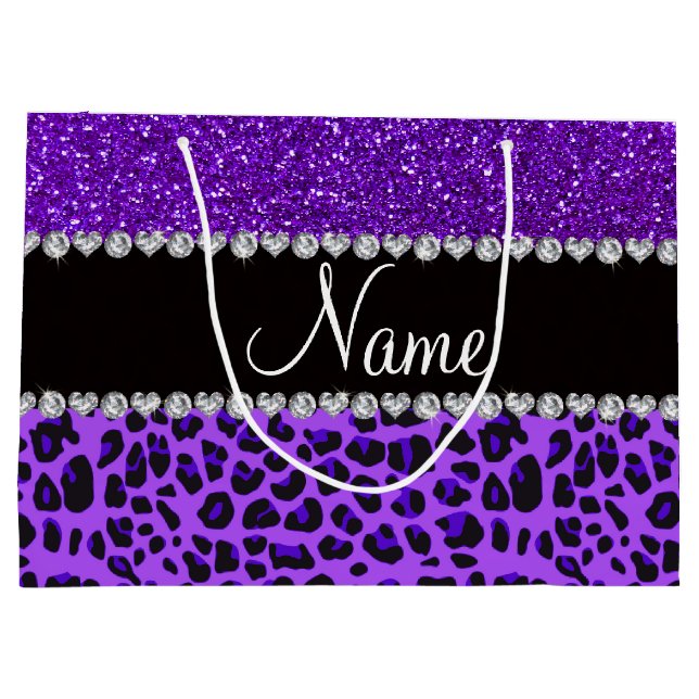 Individuelle Name lila Leopard Indigo lila Glitzer Große Geschenktüte (Rückseite)