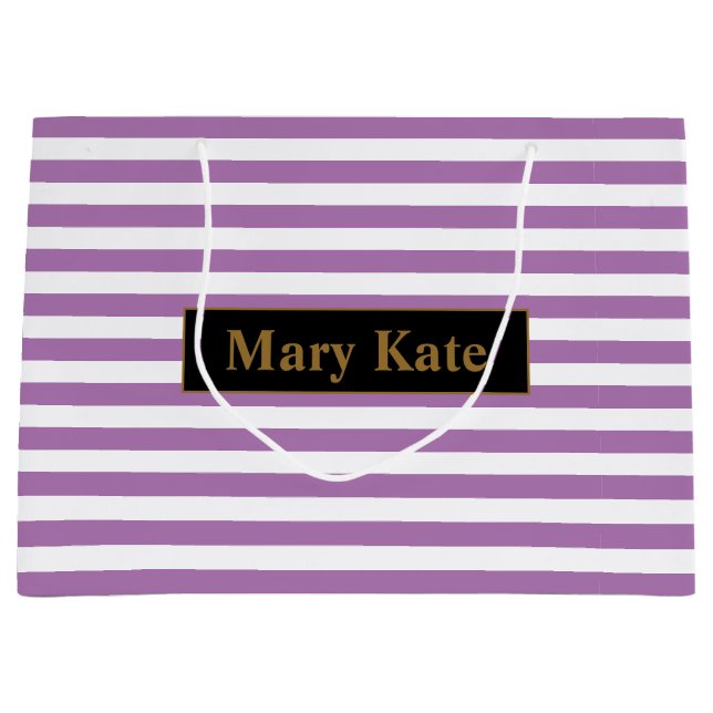 Individuelle Name Lila/Weiße Streifen Große Geschenktüte (Vorderseite)
