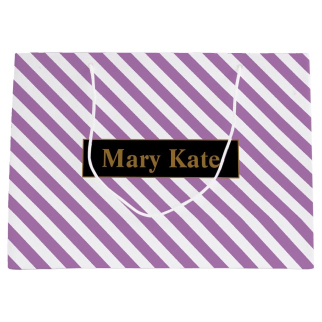 Individuelle Name Lila/Weiße Streifen Große Geschenktüte (Vorderseite)