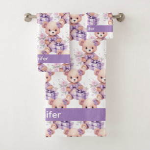 Individuelle Name Lilac Teddy Bear Girl's Bath Tow Badhandtuch Set