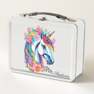 Individuelle Name Lunchbox, einzigartiges Einhorn- Metall Brotdose