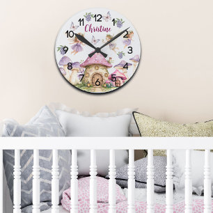 Individuelle Name Magic Fairies Pink Mushrooms Runde Wanduhr