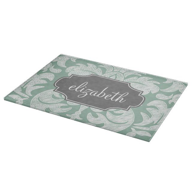 Individuelle Name Minze und Grau Damask Schneidebrett (Ecke)