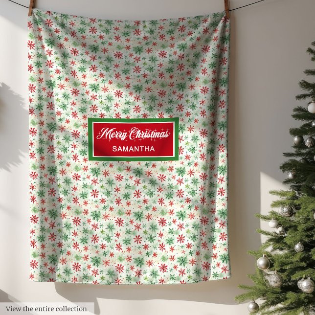 Individuelle Name mit roten und grünen Schneeflock Fleecedecke (Watercolor red and green snowflakes custom name Fleece Blanket)