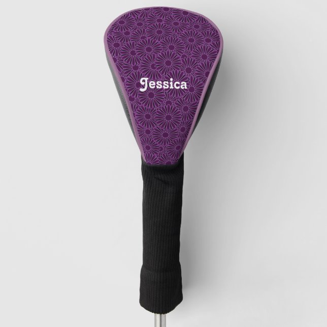 Individuelle Name mit violetten Blumen auf schwarz Golf Headcover (Vorderseite)