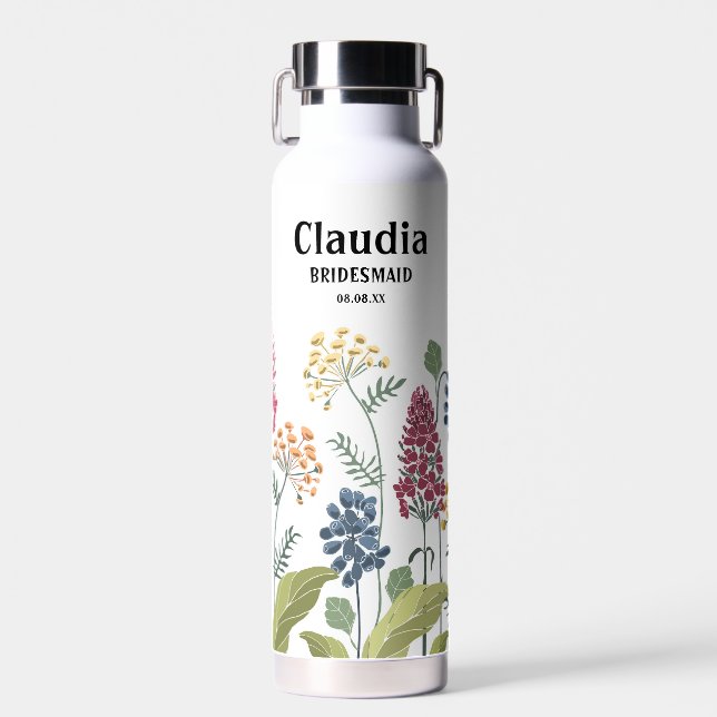 Individuelle Name Moderne Hochzeitsfeld-Blume Weiß Trinkflasche (Vorne)