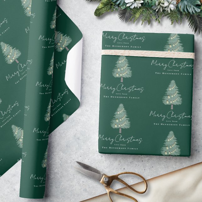 Individuelle Name Moderner Weihnachtsbaum Grün Geschenkpapier (Personalized family name merry Christmas watercolor whimsical tree green wrapping paper Whimsical)