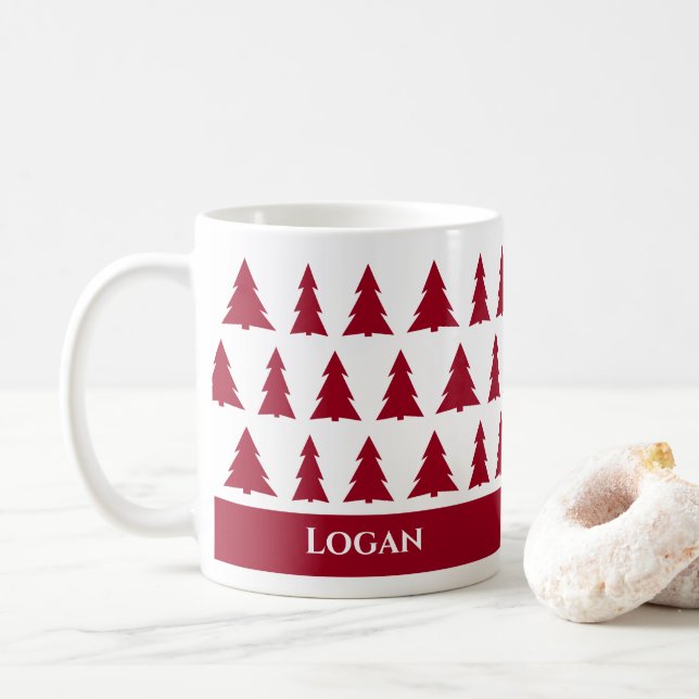 Individuelle Name Modernes Maroon Tree Muster Kaffeetasse (Mit Donut)