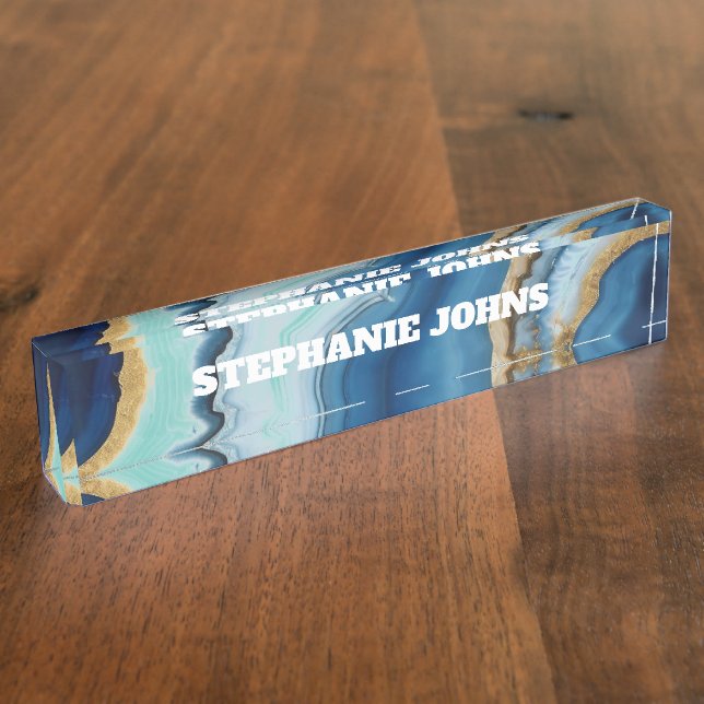 Individuelle Name Monogram Blue Agate Turquoise Go Namensplakette (Seite)