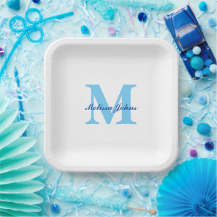 Individuelle Name Monogram Blue Baby Shows Geburts Pappteller