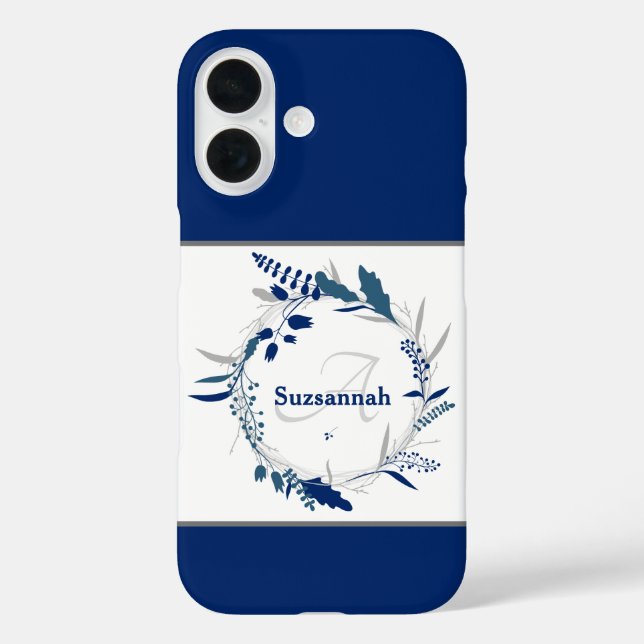 Individuelle Name Monogram Blue Floral Wreath Case-Mate iPhone Hülle (Rückseite)