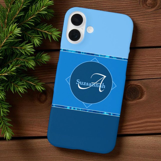 Individuelle Name Monogram Three Blue Ombre Stripe Case-Mate iPhone Hülle (template phone case back)