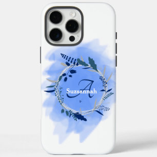Individuelle Name Monogram Watercolor Blue Kranz iPhone 16 Pro Max Hülle
