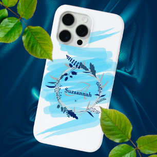 Individuelle Name Monogram Watercolor Blue Kranz Case-Mate iPhone Hülle