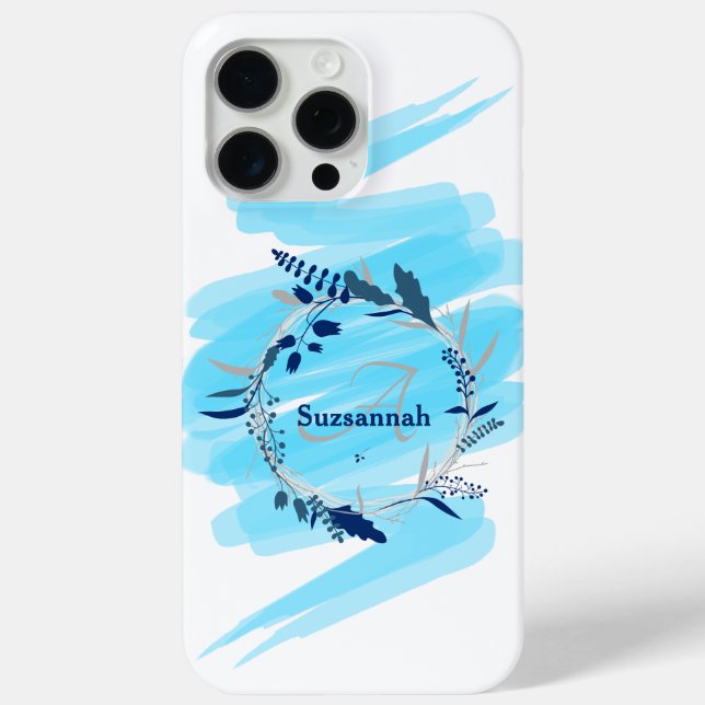 Individuelle Name Monogram Watercolor Blue Kranz Case-Mate iPhone Hülle (Rückseite)