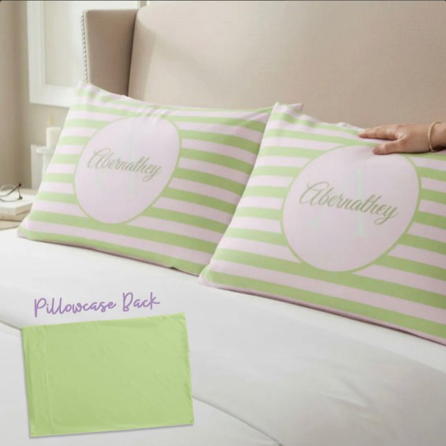 Individuelle Name Monogramm Pastell Rosa grüner St Kissenbezug (monogram and name template pillowcase front and matching solid green back)