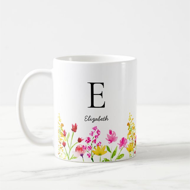 Individuelle Name Monogramm Wildblumen Aquarell Kaffeetasse (Links)