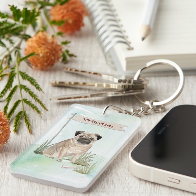 Individuelle Name Mops Haustier Schlüsselanhänger (Vorderseite rechts)