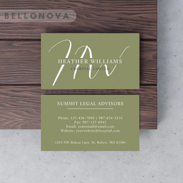 Individuelle Name Moss Sage Olive Green White Mono Visitenkarte (Custom Name Moss Sage Olive Green White Monogram Business Card)