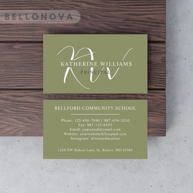 Individuelle Name Moss Sage Olive Green White Mono Visitenkarte (Custom Name Moss Sage Olive Green White Monogram Business Card)
