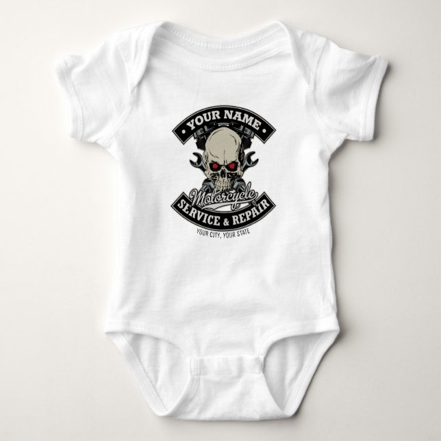 Individuelle Name-Motorradgarage Baby Strampler (Vorderseite)