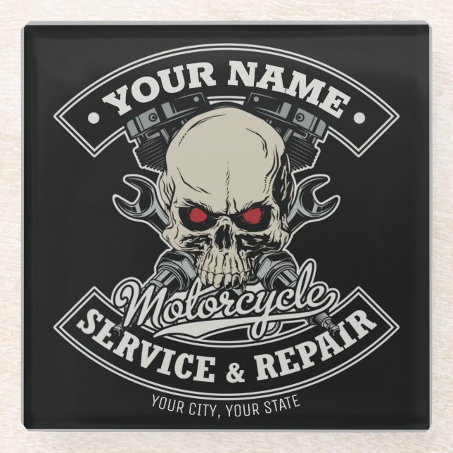 Individuelle Name-Motorradgarage Glasuntersetzer (Vorderseite)