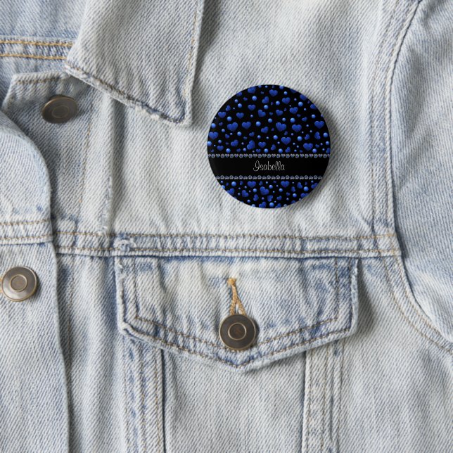 Individuelle Name, Muster des blauen Herzens Glitz Button (Beispiel)