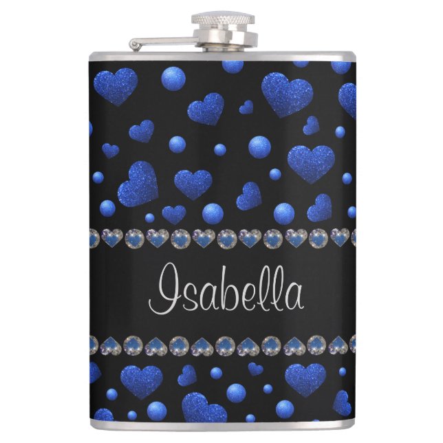 Individuelle Name, Muster des blauen Herzens Glitz Flachmann (Vorderseite)