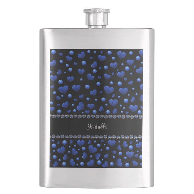 Individuelle Name, Muster des blauen Herzens Glitz Flachmann (Vorderseite)