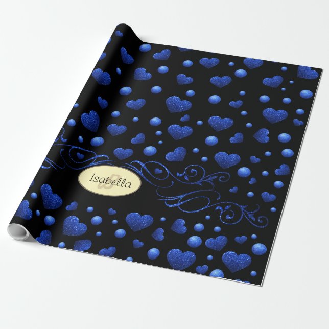 Individuelle Name, Muster des blauen Herzens Glitz Geschenkpapier (Ungerollt)