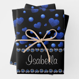 Individuelle Name, Muster des blauen Herzens Glitz Geschenkpapier Set