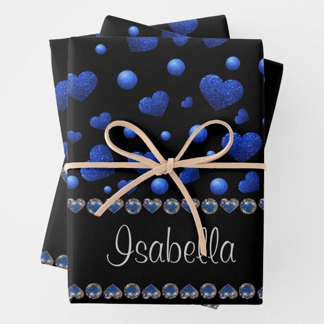 Individuelle Name, Muster des blauen Herzens Glitz Geschenkpapier Set (Beispiel)