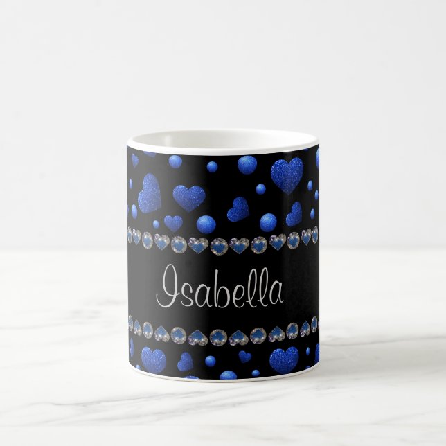 Individuelle Name, Muster des blauen Herzens Glitz Kaffeetasse (Mittel)