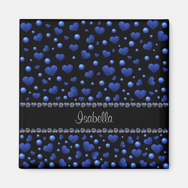Individuelle Name, Muster des blauen Herzens Glitz Magnet (Vorne)