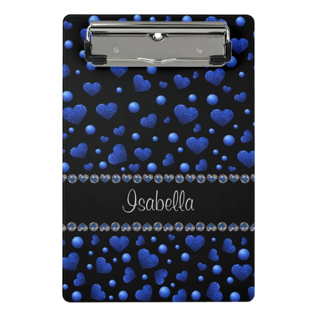 Individuelle Name, Muster des blauen Herzens Glitz Mini Klemmbrett (Vorderseite)