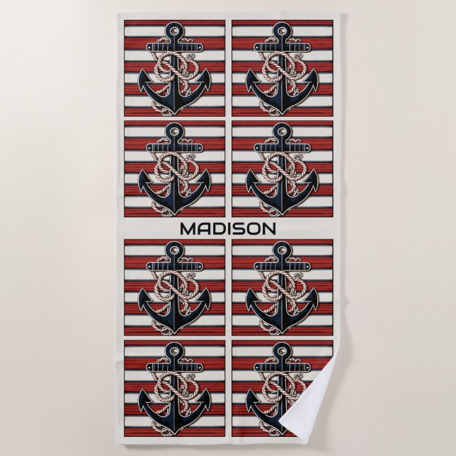 Individuelle Name Nautic Anchor Muster Strandtuch (Vorderseite)