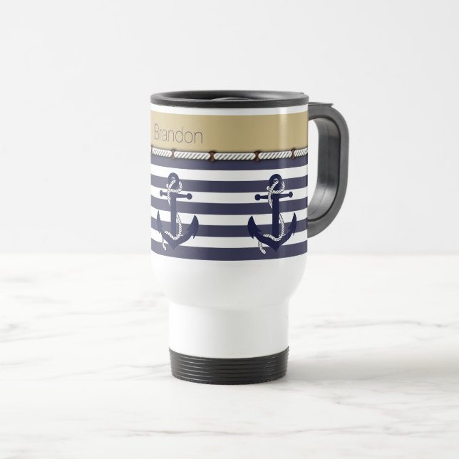 Individuelle Name Nautic Anchors Stripes Muster Reisebecher (VorderseiteRechts)