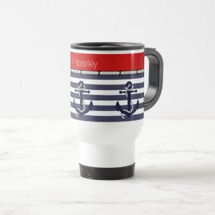 Individuelle Name Nautic Anchors Stripes Muster Reisebecher