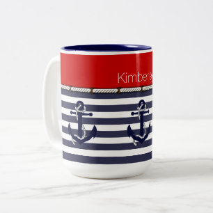 Individuelle Name Nautic Anchors Stripes Muster Zweifarbige Tasse