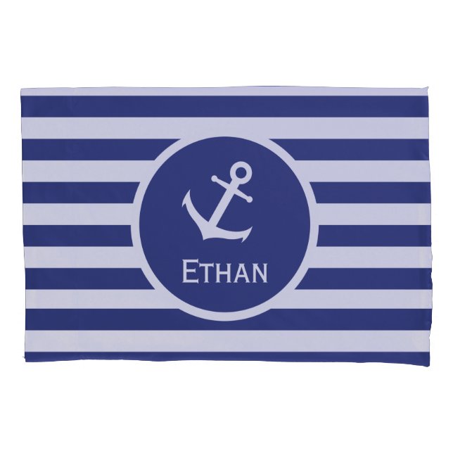 Individuelle Name Nautical Blue und White Strip Kissenbezug (Vorderseite)