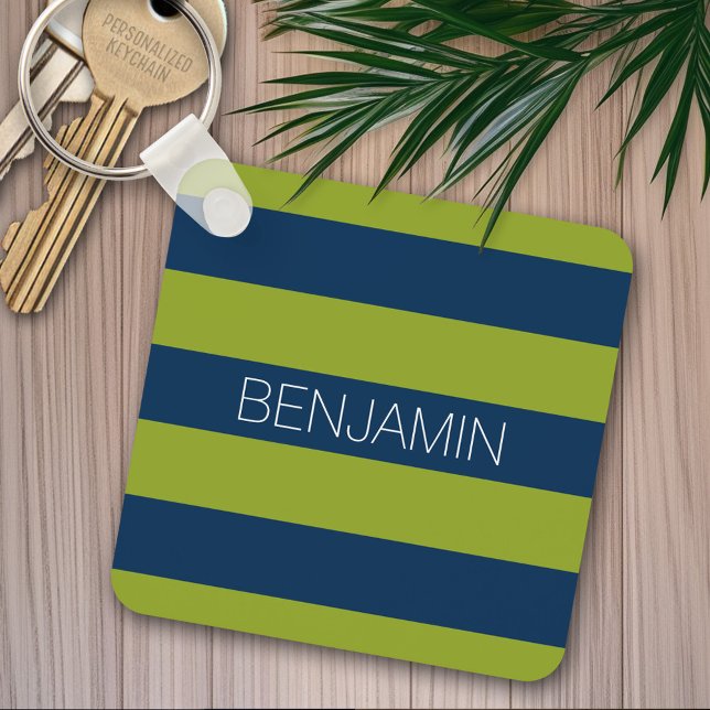Individuelle Name Navy Blue und Lime Green Rugby S Schlüsselanhänger (Personalized keychain - Blue and Green Stripes)