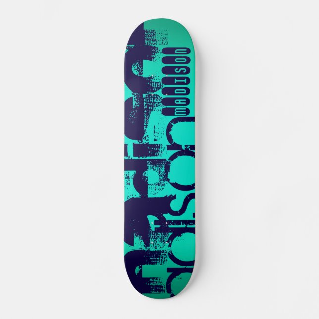 Individuelle Name; Navy Blue und Neon Aqua Türkis Skateboard (Vorderseite)