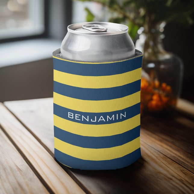 Individuelle Name Navy Blue und Yellow Rugby Strip Dosenkühler (Personalized Can Cooler - Add Custom Text or Name)