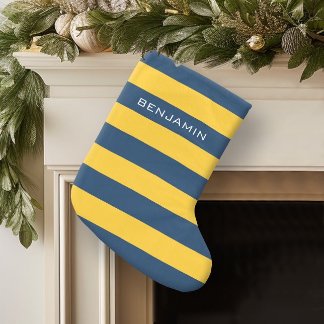 Individuelle Name Navy Blue und Yellow Rugby Strip Großer Weihnachtsstrumpf (Personalized Christmas Stocking)