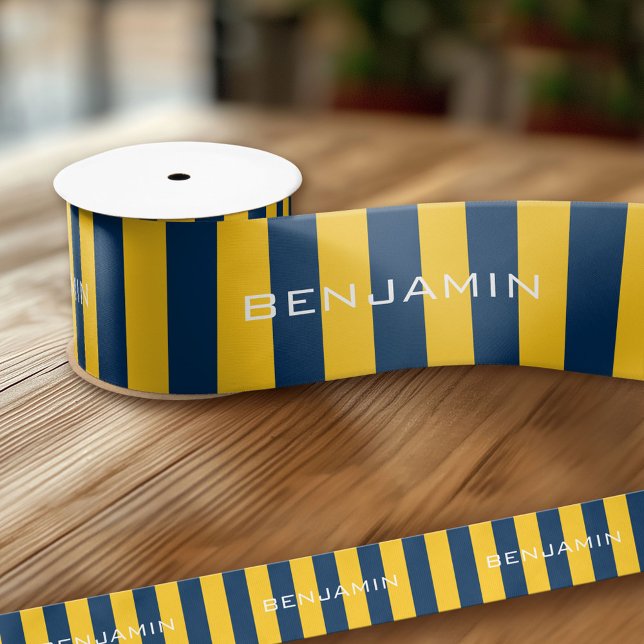 Individuelle Name Navy Blue und Yellow Rugby Strip Satinband (Custom Ribbon - Add Your Own Text)