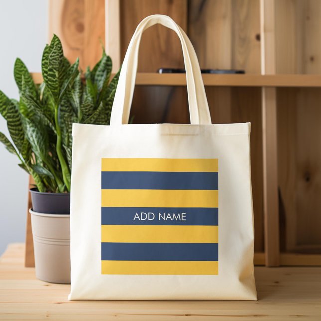 Individuelle Name Navy Blue und Yellow Rugby Strip Tragetasche (Custom Tote Bag)