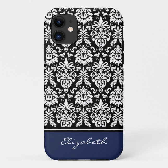 Individuelle Name Navy Schwarz-weiß Damask Case-Mate iPhone Hülle (Rückseite)